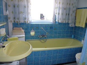 Badezimmer mit Badewanne, Dusche und WC